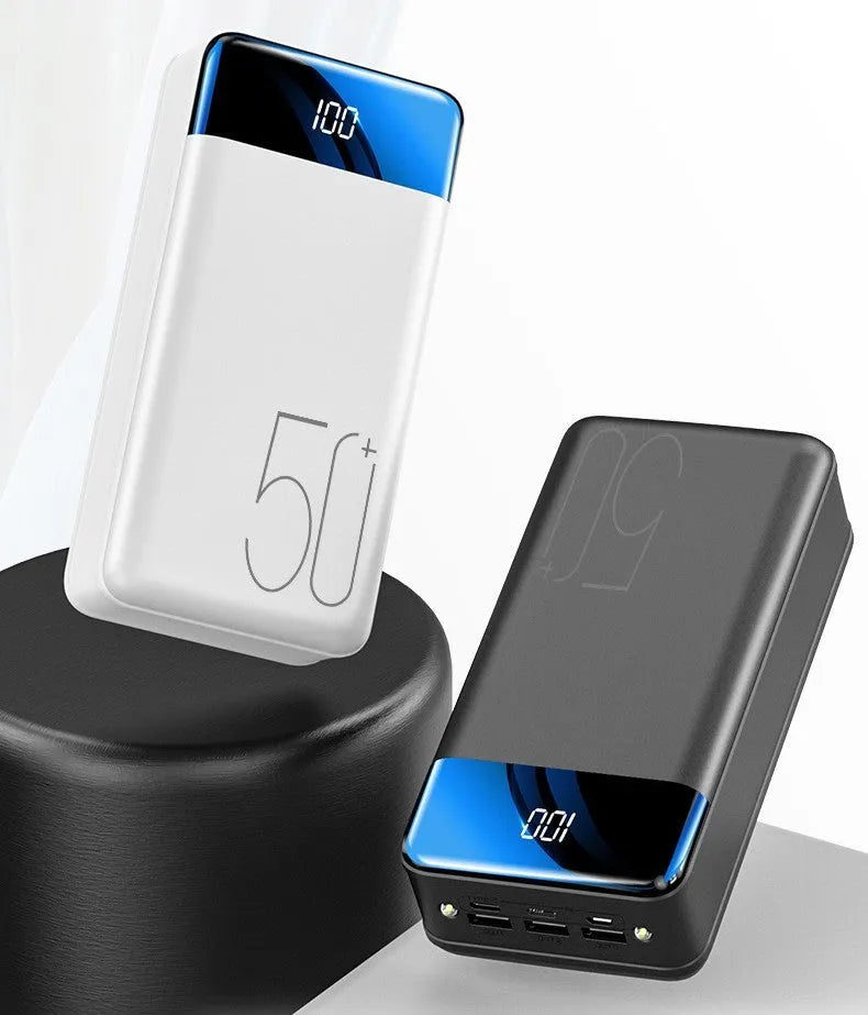 Black large capacity power bank with 50,000mAh, three output ports, and dimensions 169mm by 83mm by 52mm