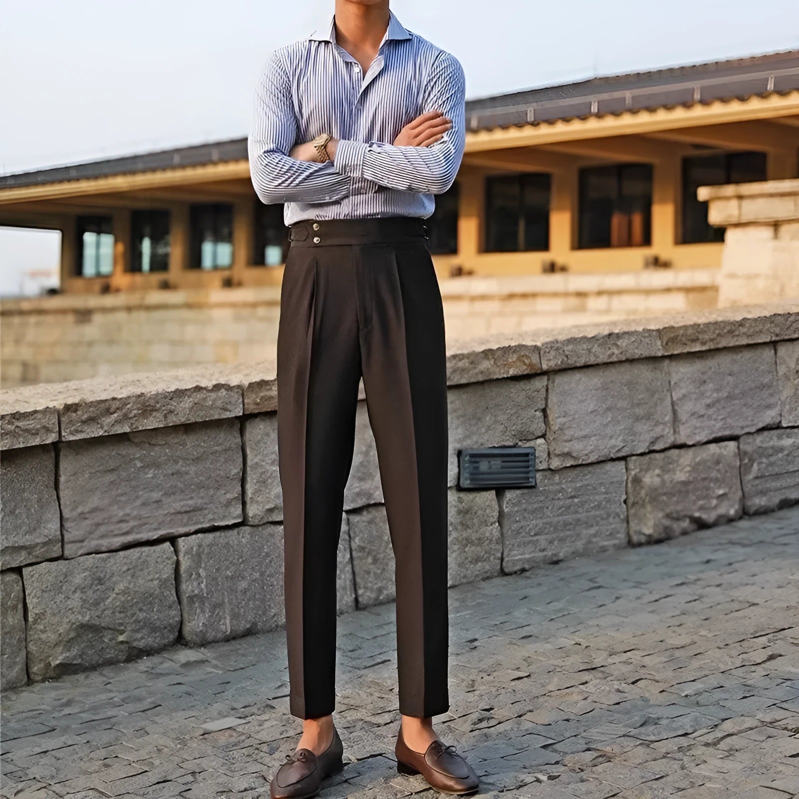 Slim fit straight leg business trousers in apricot colour on a hanger