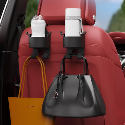 Black plastic car seat back organiser with cup holder and hook functionality