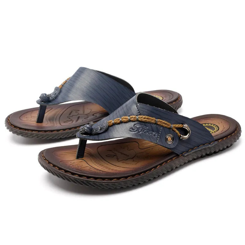 Men's black PU leather casual slippers with non-slip sole on a white background