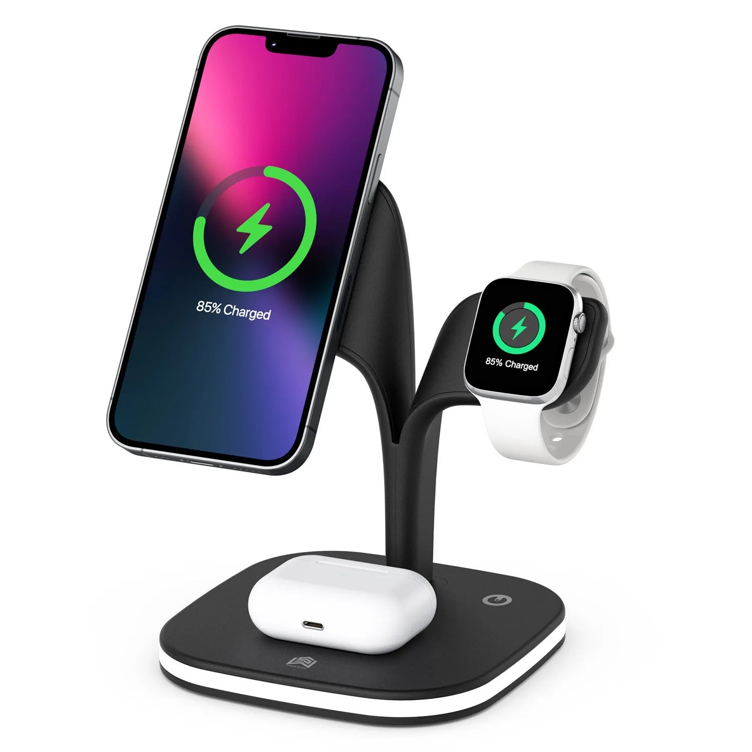 Black 3-in-1 wireless charging stand with phone, smartwatch, and headphones placed on its charging pads