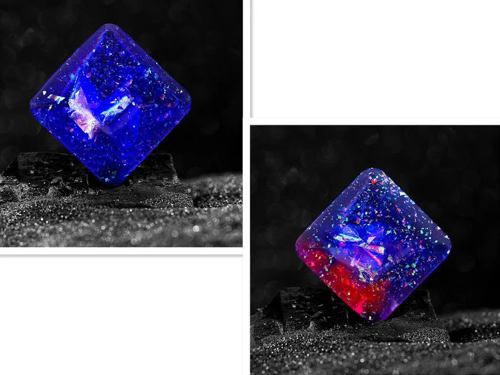 Galactic edition pocket gyro desk toy on a surface, showing its quadrilateral resin construction and celestial colour design.