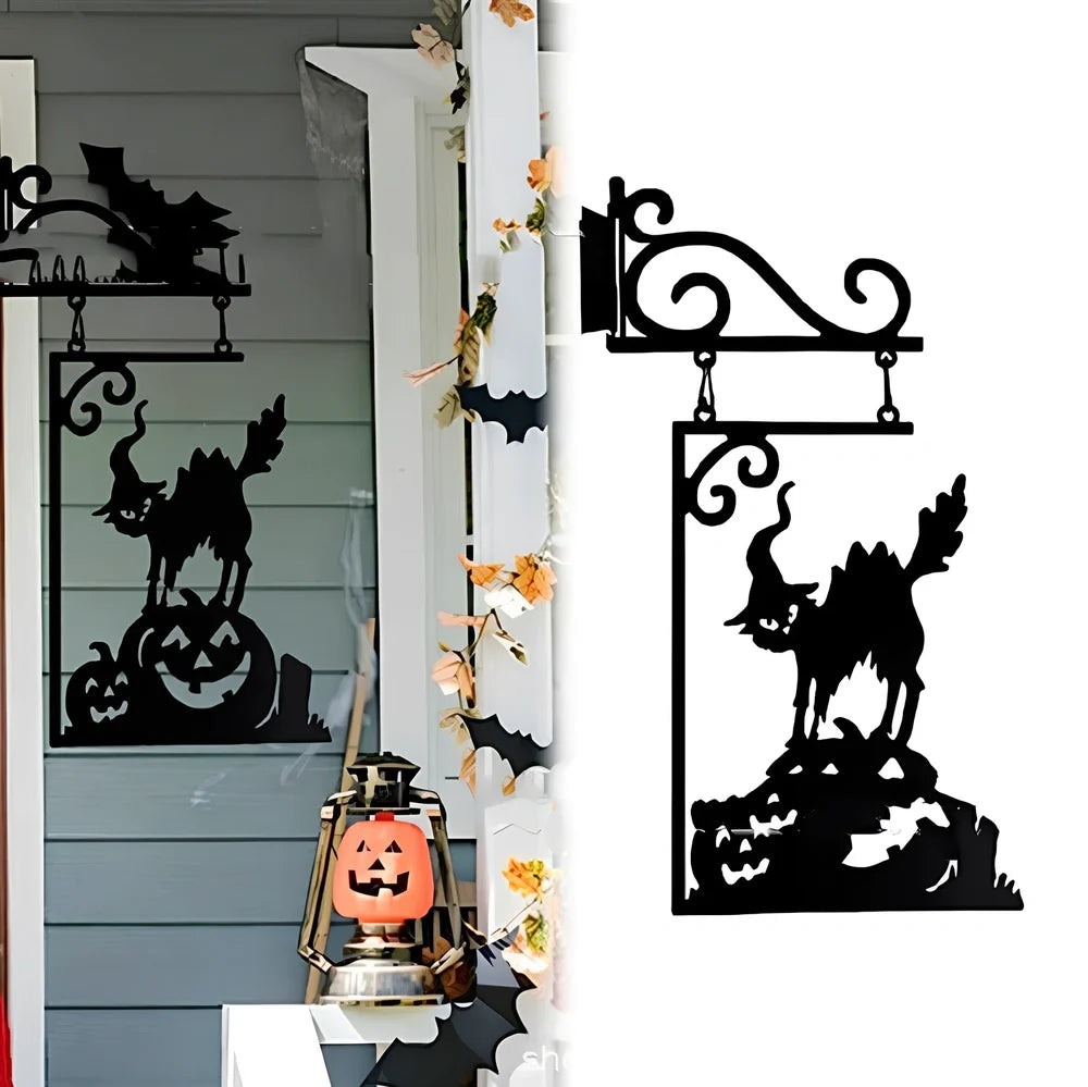Halloween metal courtyard decoration with witch cauldron silhouette measuring 26x18cm