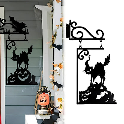 Halloween metal courtyard decoration with witch cauldron silhouette measuring 26x18cm