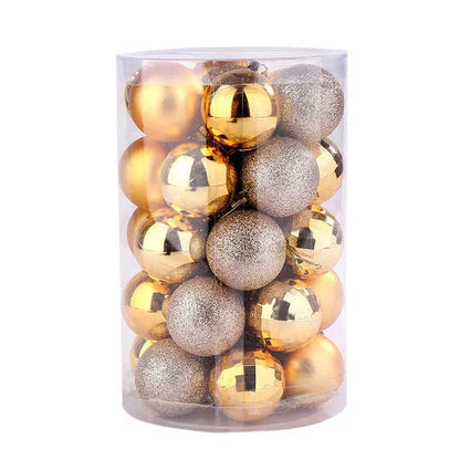 Assortment of 34 round 4cm plastic Christmas baubles in gold, silver, red, blue, and other colours.
