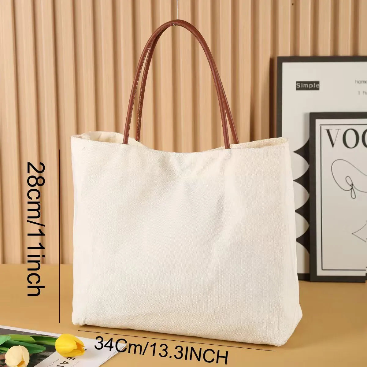 Cotton canvas tote bag shown in beige white and white colour options.