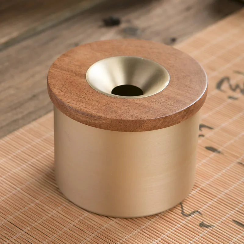 Retro brass ashtray with wooden lid on copper base, showing 12cm diameter and central hole
