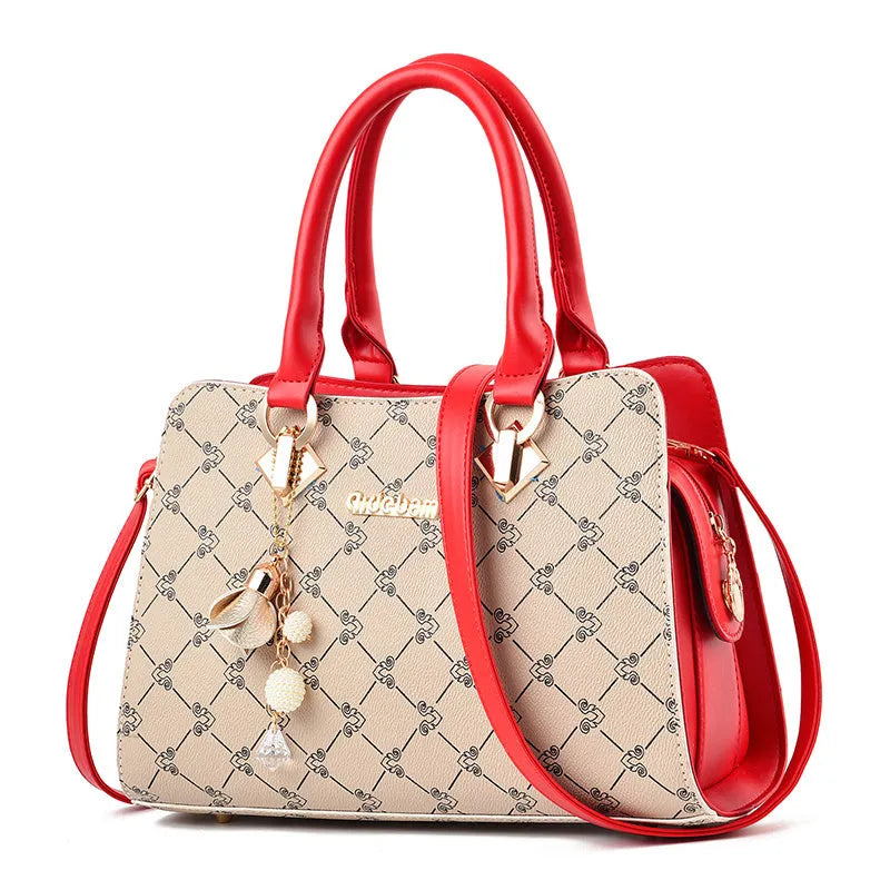 Women's geometric print PU leather messenger bag showing internal card slot, phone pocket, and document bag compartments.