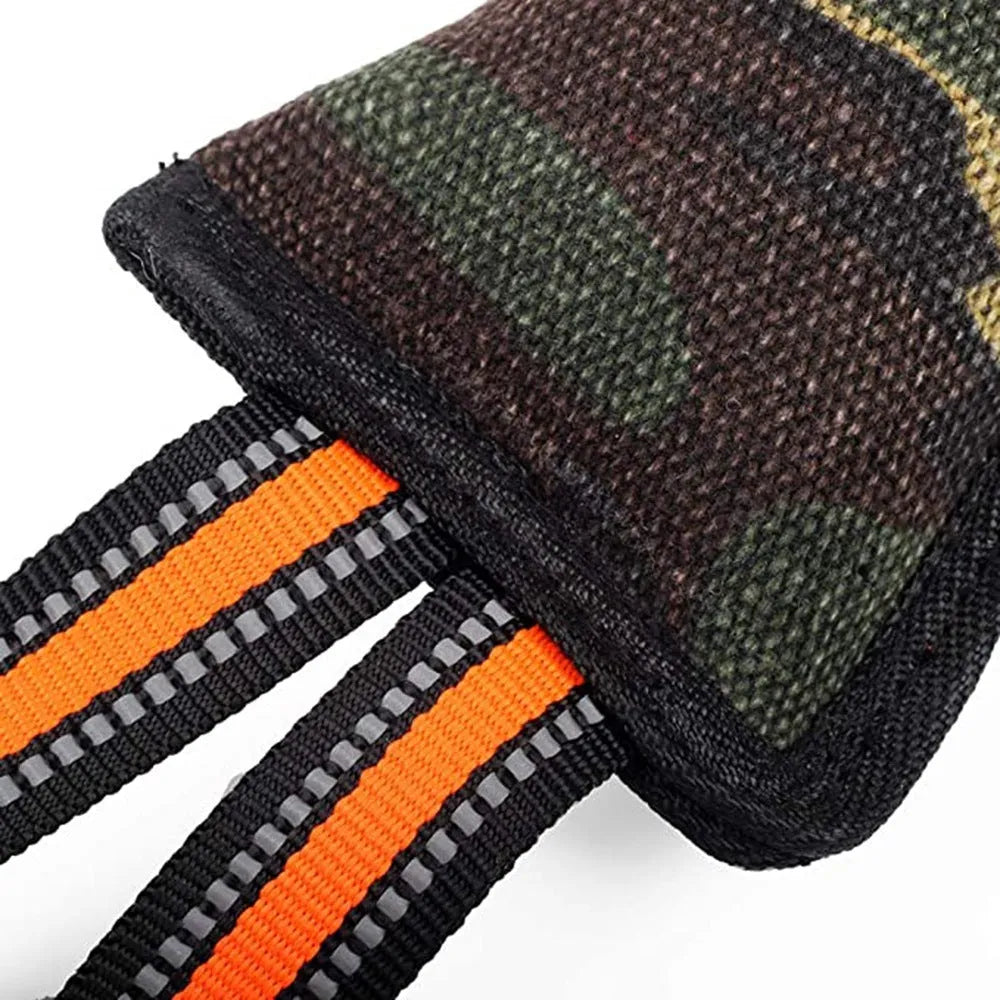 Jute dog training bite stick with reflective yellow edge trim, 55cm length