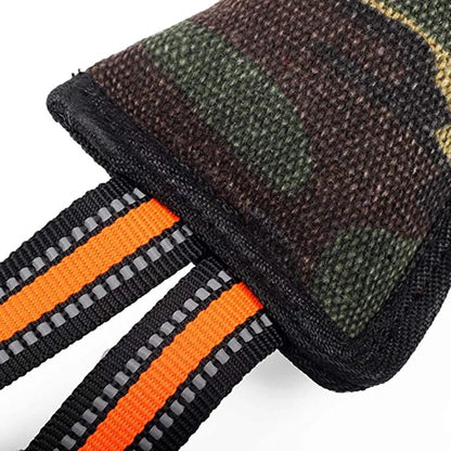 Jute dog training bite stick with reflective yellow edge trim, 55cm length
