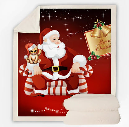 Christmas pattern coral fleece blanket on sofa showing HD printing detail and modern minimalist design
