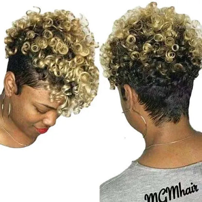 Women's short synthetic wig in simple rolls exotic style, shown in black, brown, gold, and grey colour options.