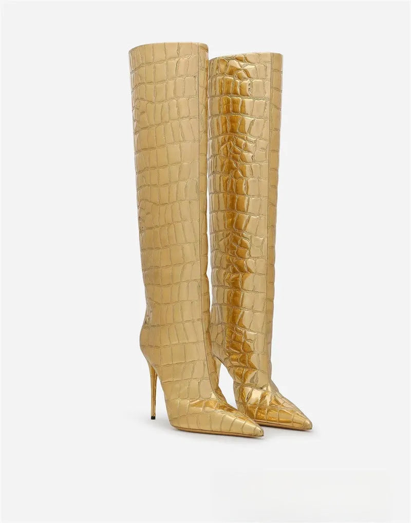 Women's pointed stiletto heel boots in leopard print with side zipper and high cylinder shaft.