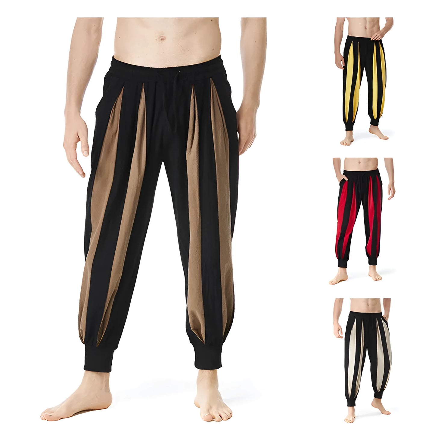 Men's straight-leg polyester casual trousers in red, khaki, yellow or brown colours