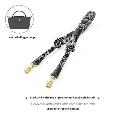 Braided rope and leather shoulder strap with a metal buckle in gold or silver finish