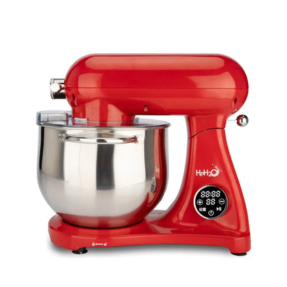 Red 1800W stand mixer with 8L stainless steel bowl, metal body, digital control, and three mixing attachments.