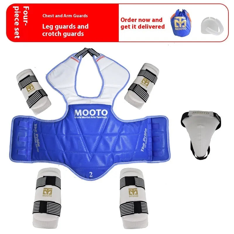Taekwondo protective gear set in red or blue with four to eight pieces and sizes from 110cm to 190cm