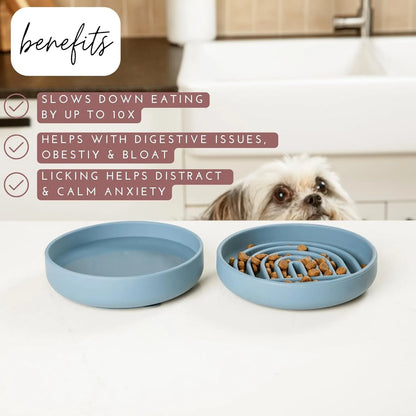 Silicone slow feeder bowl for dogs with lick mat design in beige, charcoal ash, grey blue, mango yellow, mustard green, or red