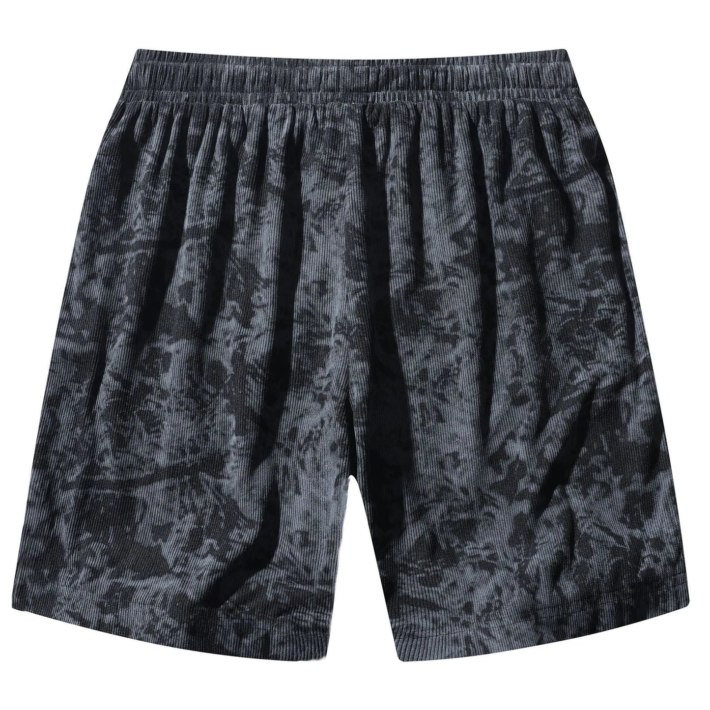 Men's corduroy camouflage athletic shorts in grey with a high-waist and straight-leg design.