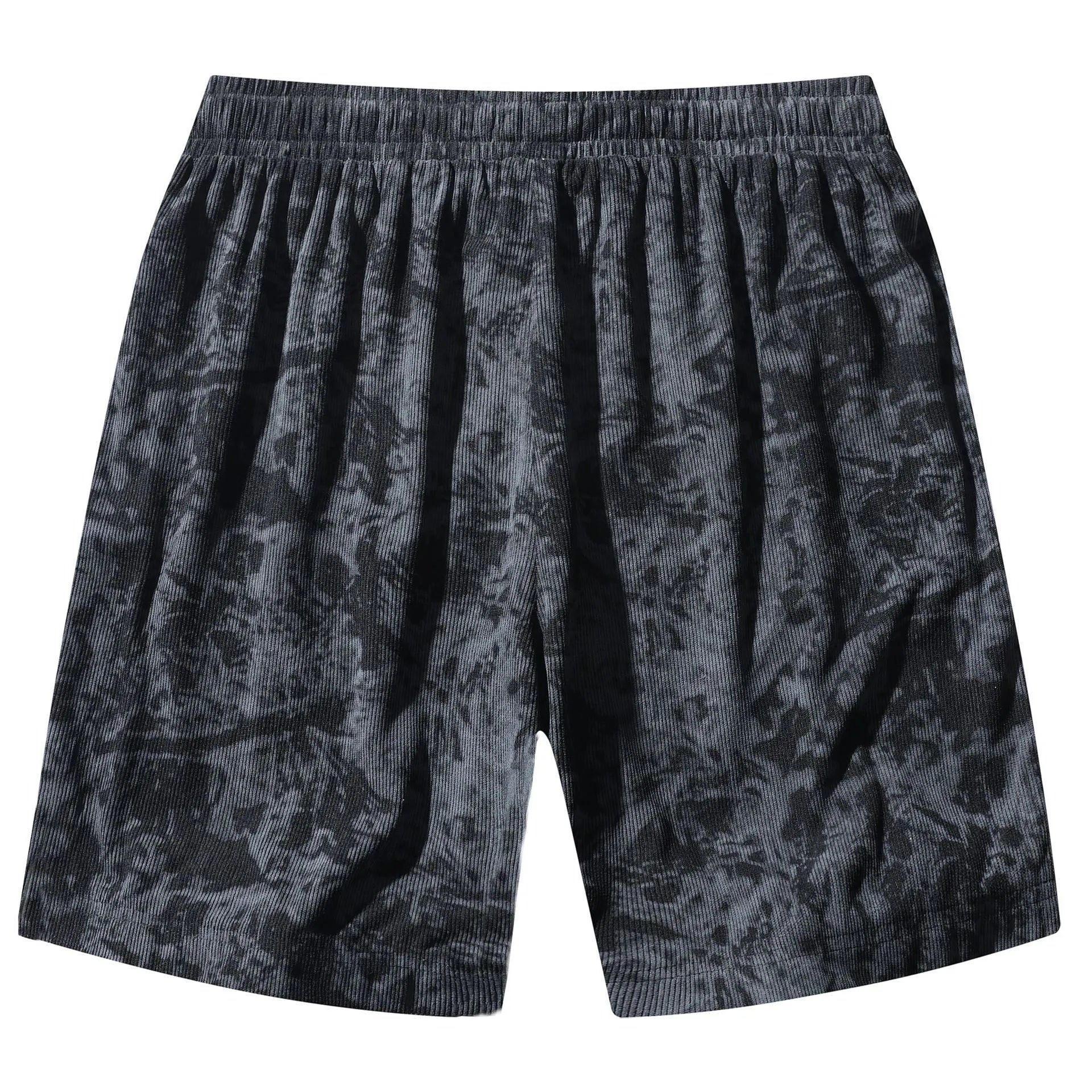 Men's corduroy camouflage athletic shorts in grey with a high-waist and straight-leg design.