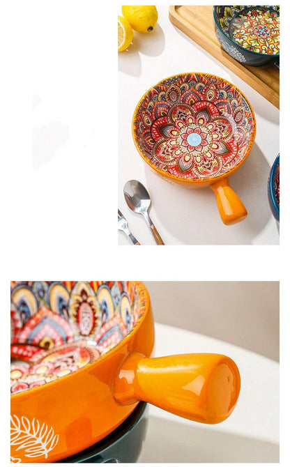 Elegant ceramic bowls with floral handles in blue, red, and green glazed finishes, perfect for serving salads and desserts