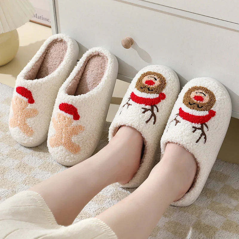 Cozy Christmas Home Slippers with Cute Santa Claus, Moose, and Gingerbread Man Designs
