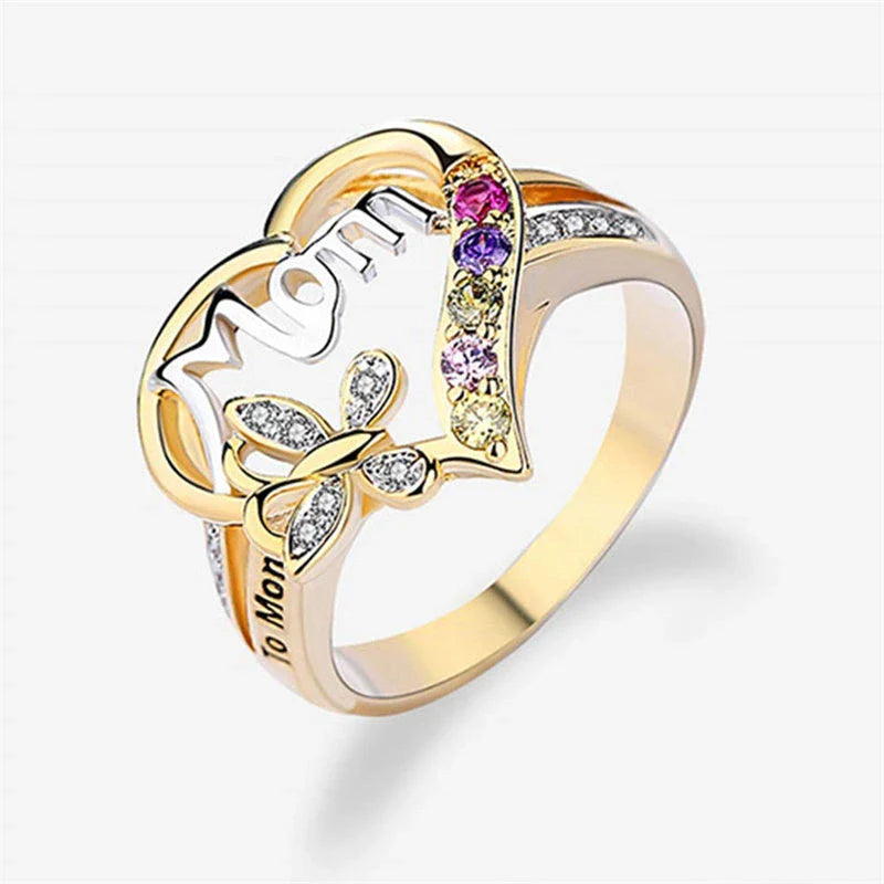A shimmering heart-shaped jewelry set with a multicolor rhinestone design, including a ring and coordinating necklace, a thoughtful Mother's Day gift.