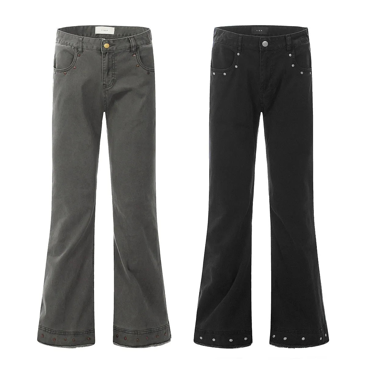 A pair of black straight-leg cotton jeans with a mid-waist fit and horn-style leg opening on a plain background.