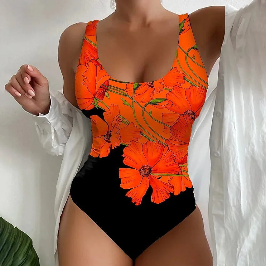 Women's 3D printed one-piece swimsuit in orange red, showing tight fit and printed pattern detail.