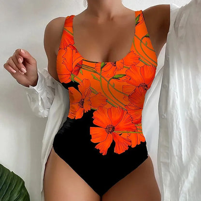 Women's 3D printed one-piece swimsuit in orange red, showing tight fit and printed pattern detail.