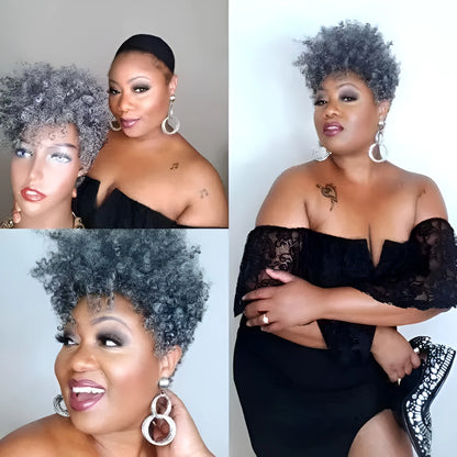Women's short synthetic wig in simple rolls exotic style, shown in black, brown, gold, and grey colour options.