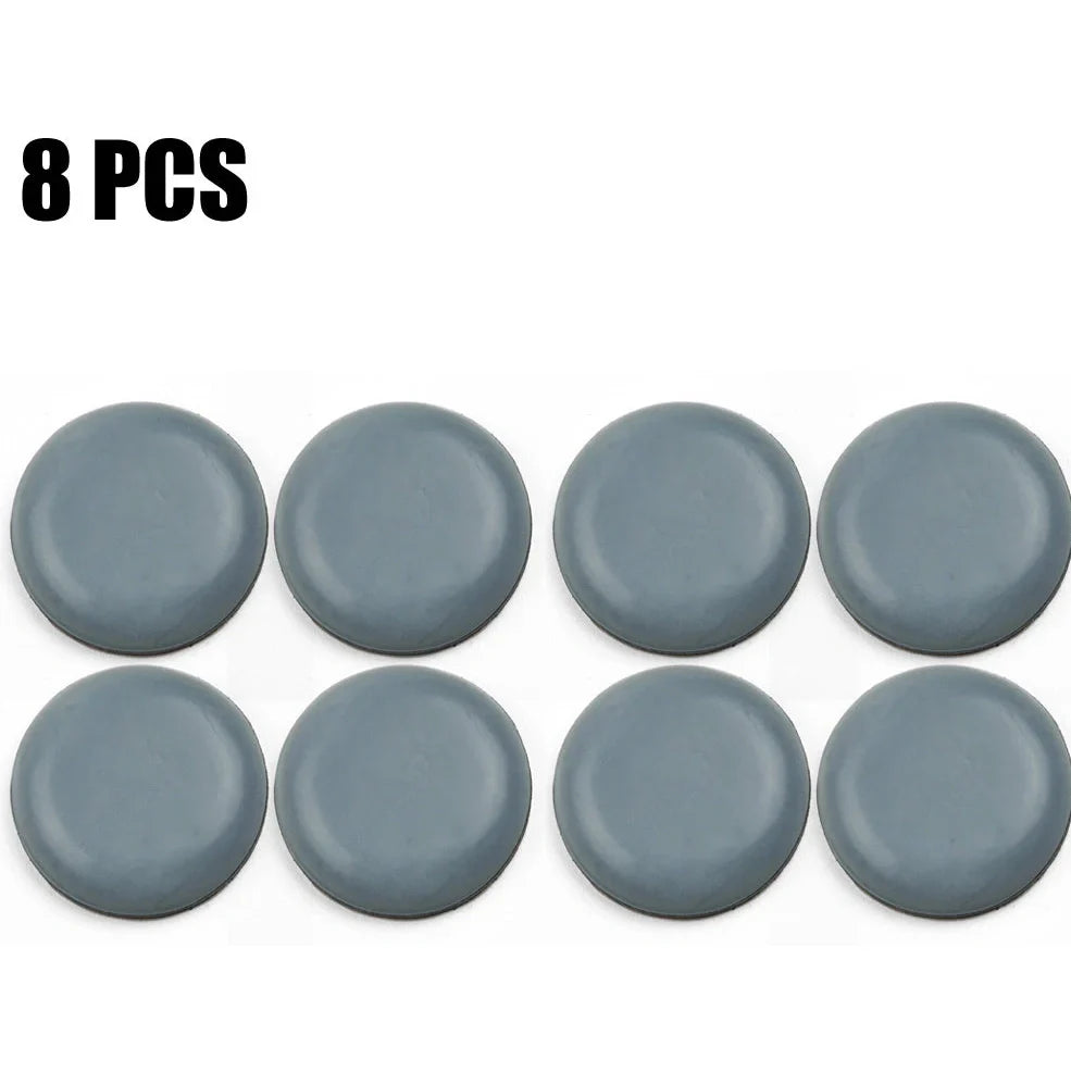 Blue grey 22mm adhesive slip pads attached to chair legs, preventing slides on hardwood floor, pack of 8