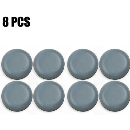 Blue grey 22mm adhesive slip pads attached to chair legs, preventing slides on hardwood floor, pack of 8