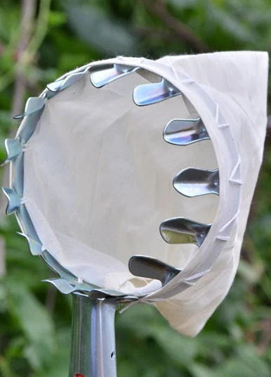 High-quality fruit picker tool with sturdy metal frame and reinforced cloth bag for effortless fruit harvesting from tall trees