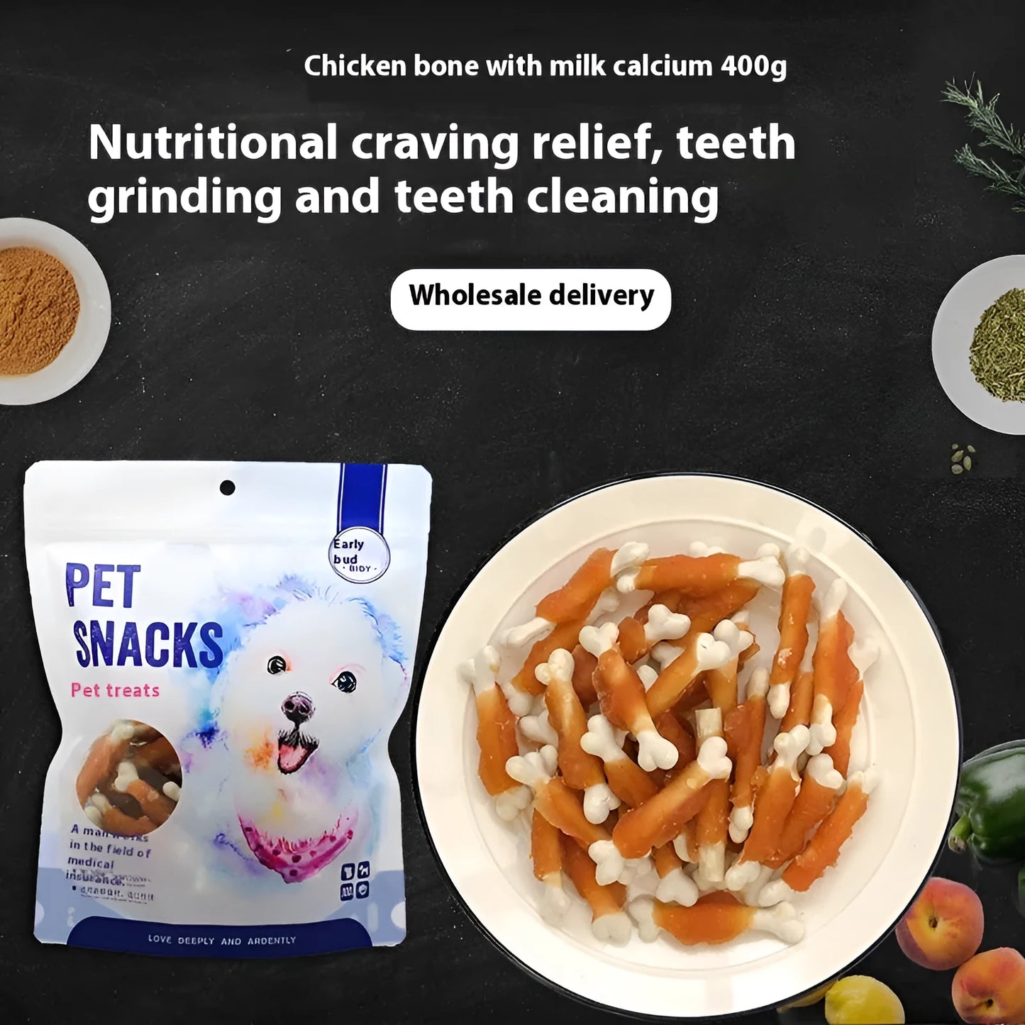 400g bag of Betty brand chicken wrapped milk bone dog treats on a white background.