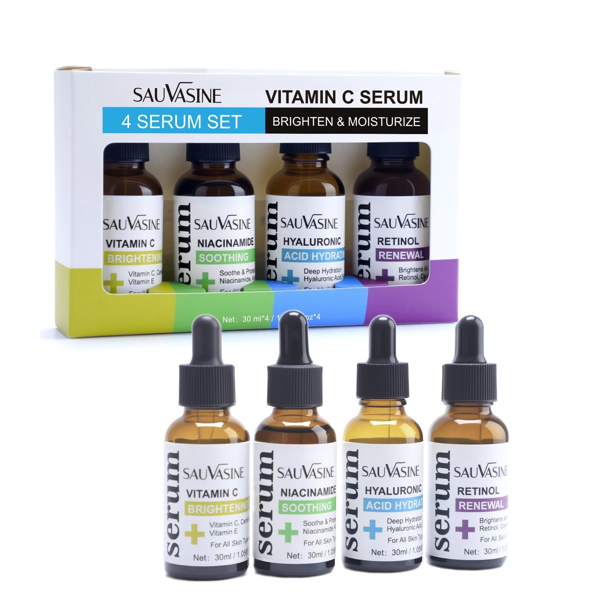 Vitamin C Skin Care 4-piece Set showing four 30ml facial essence bottles