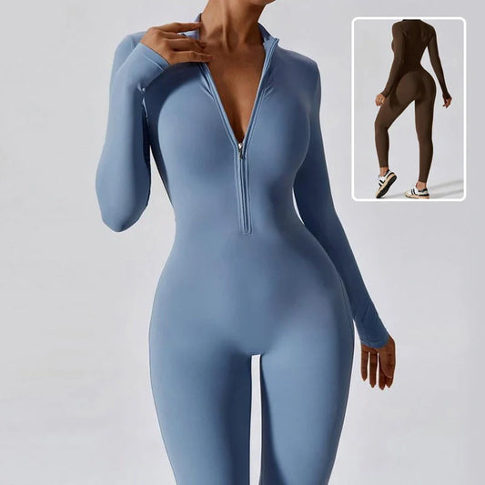 Seamless women's yoga jumpsuit with zipper for fitness and casual wear in various colors