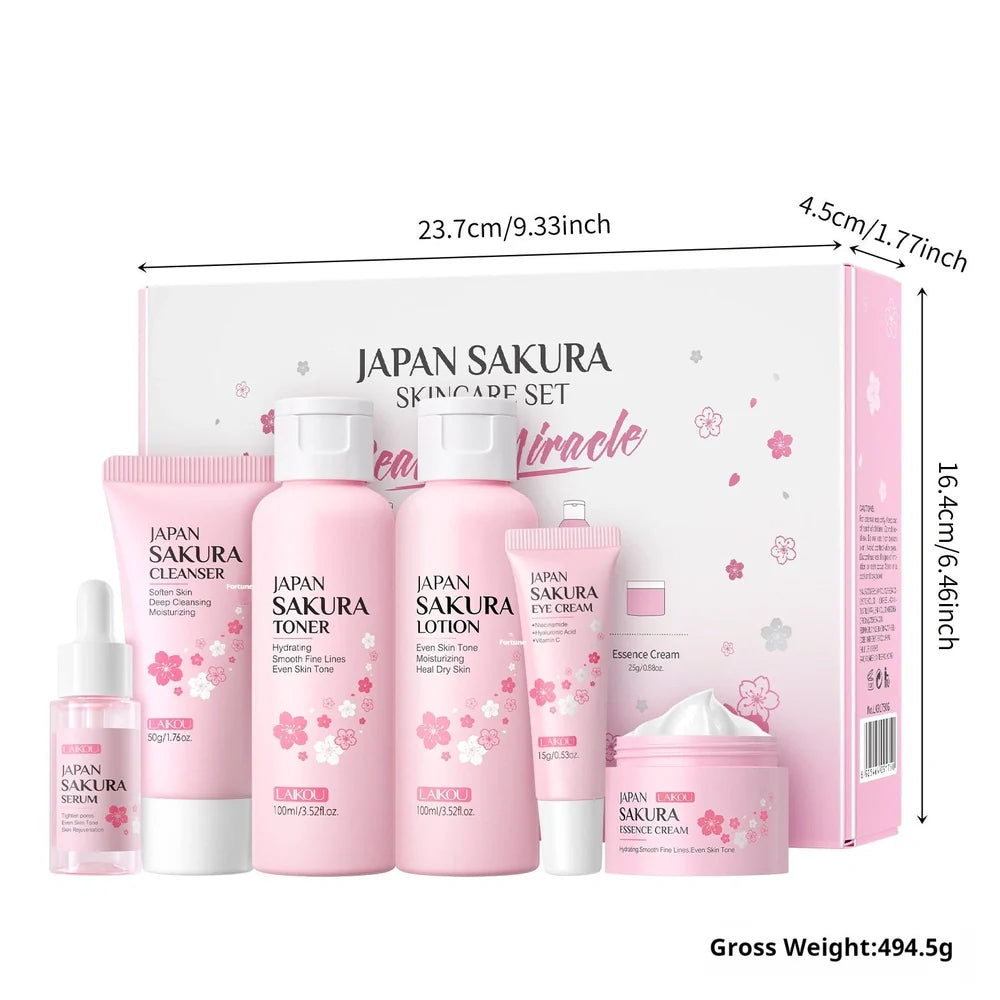 Cherry Blossom Skin Care Set with six facial care products including cleanser, toner, cream, and treatments