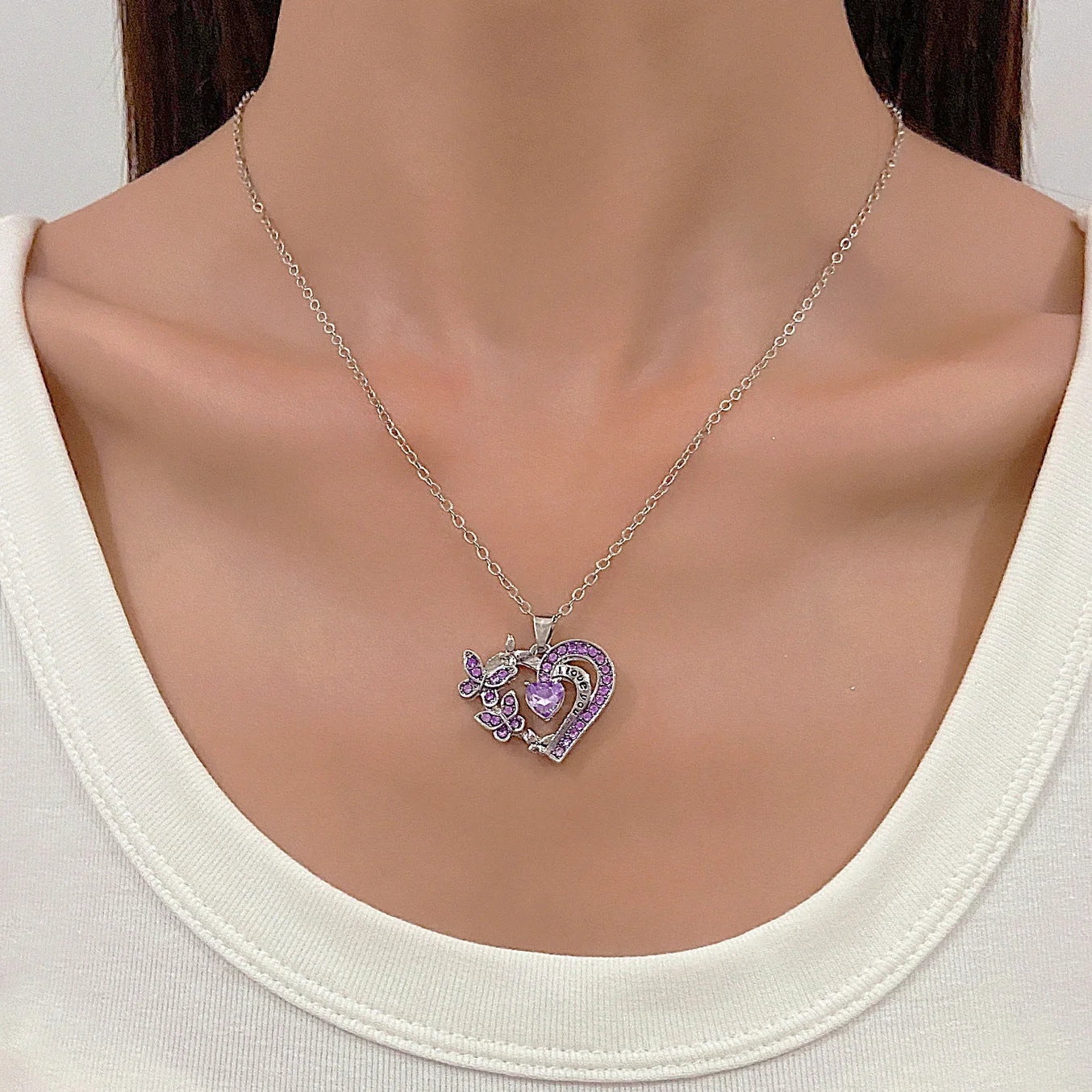 Butterfly Love Rhinestone Heart Necklace in various colours for Valentine's Day