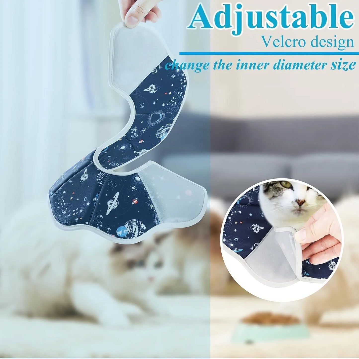 Soft adjustable cat cone collar in constellation pattern showing fastener and soft edging