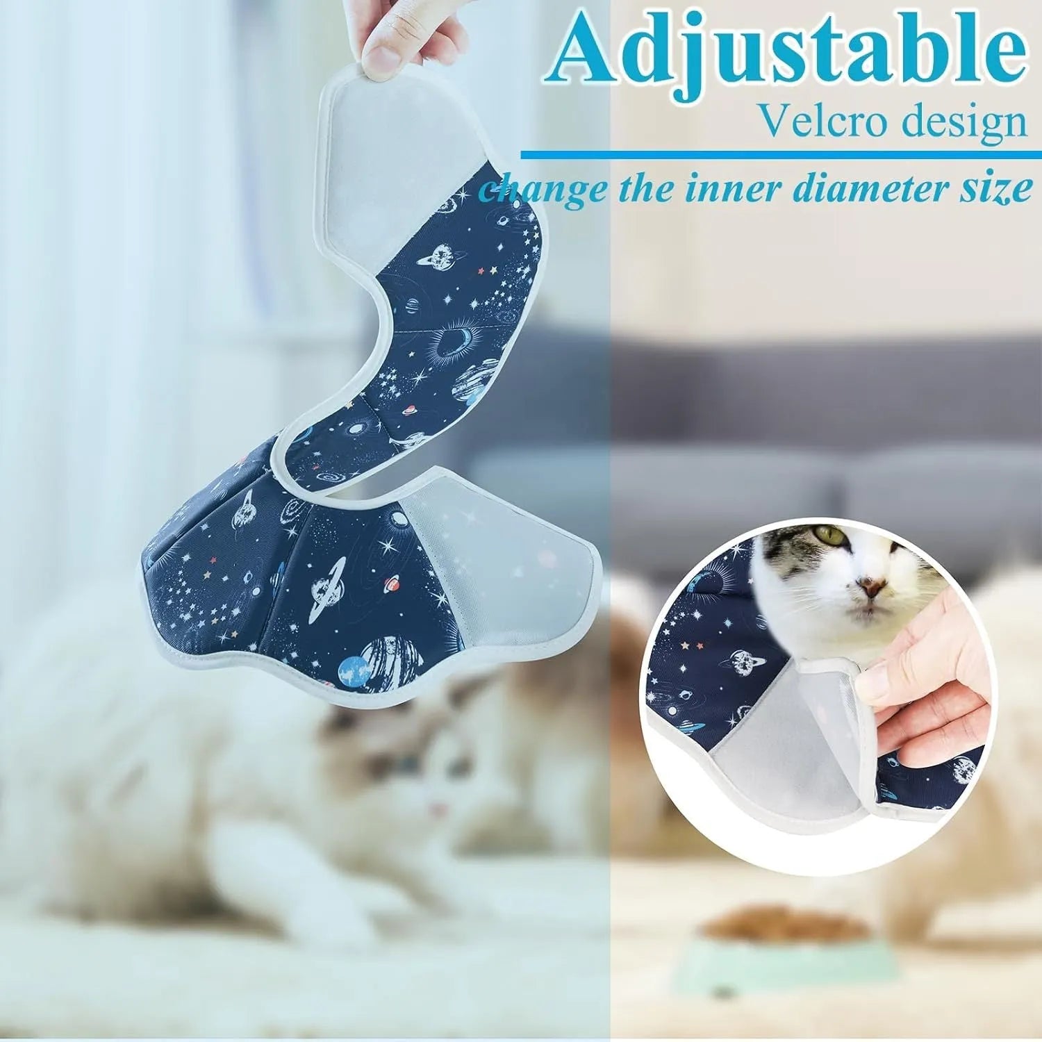 Soft adjustable cat cone collar in constellation pattern showing fastener and soft edging