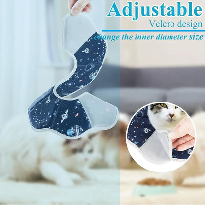 Soft adjustable cat cone collar in constellation pattern showing fastener and soft edging