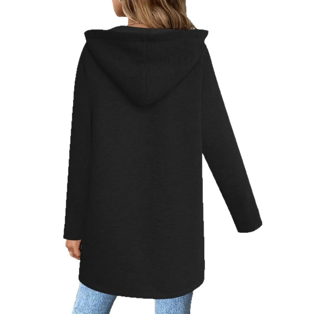 A grey women's loose-fit mid-length cardigan coat with pockets in a casual style.