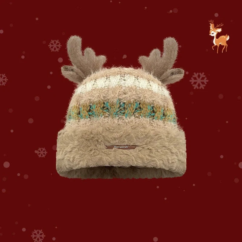 Christmas knitted hat with deer antler design in various colours