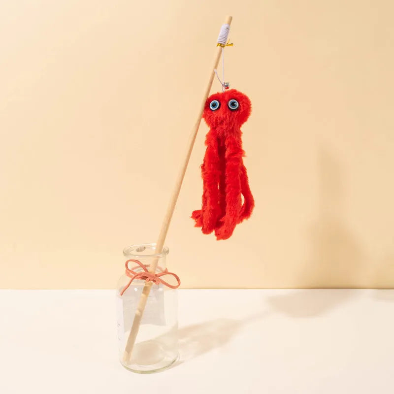 Octopus-themed furry cat toy attached to a long stick, shown in pink colour.