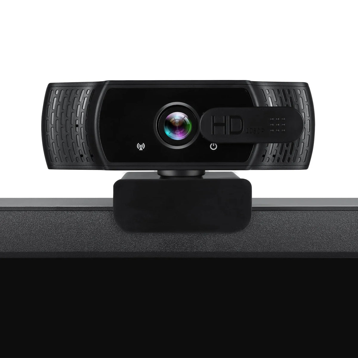 Black USB webcam with microphone on a laptop screen, showing 360-degree rotation and universal clip.