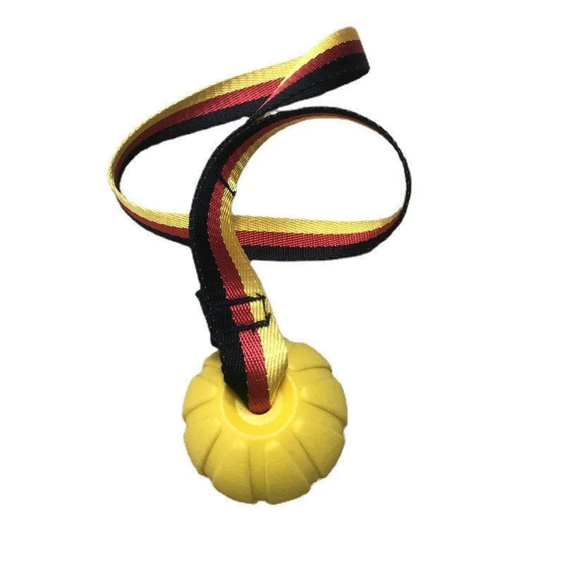 Yellow and camouflage coloured EVA foam floating dog balls with strings in 6.5cm, 7cm, and 9cm sizes.
