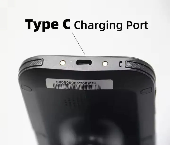 SLP-05 handheld UHF RFID scanner with Android touchscreen, measuring approximately 20cm long with rubberised grip sections