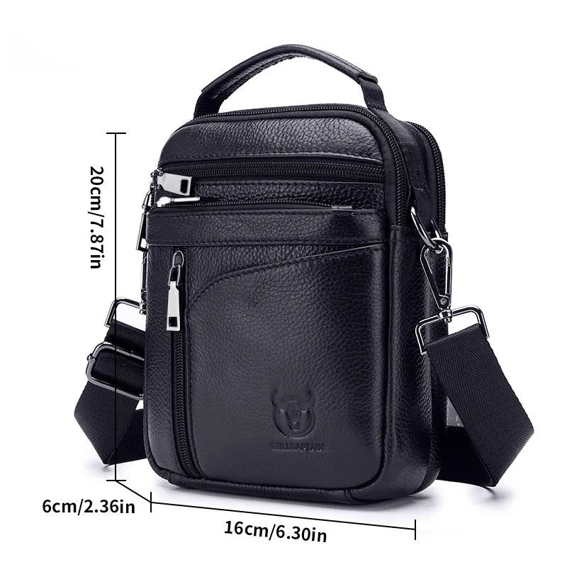 Black genuine leather men's shoulder messenger bag with retro style design
