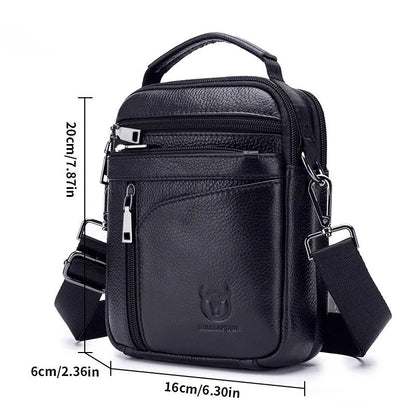 Black genuine leather men's shoulder messenger bag with retro style design